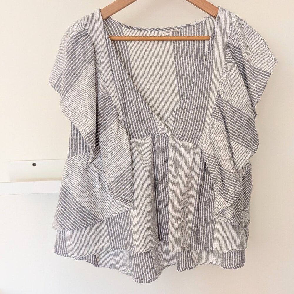 Melrose and Market 100% Cotton Deep V Chambray Striped Blue White Top Women XL